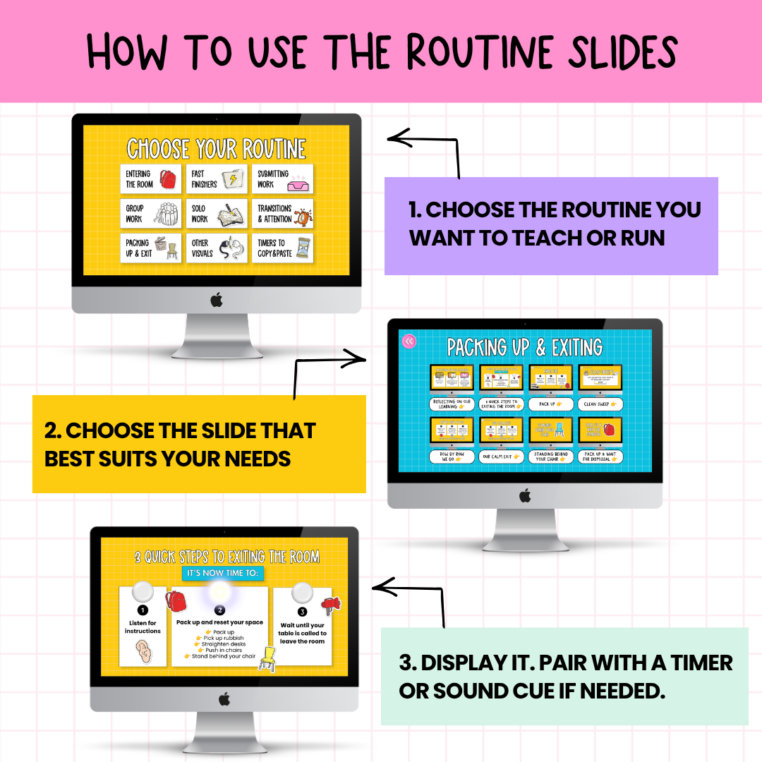 59 Editable Classroom Routine / Transition Slides | Entry, Pack-Up, Exit + MORE