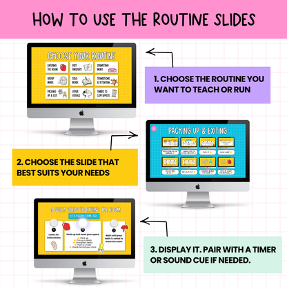 59 Editable Classroom Routine / Transition Slides | Entry, Pack-Up, Exit + MORE