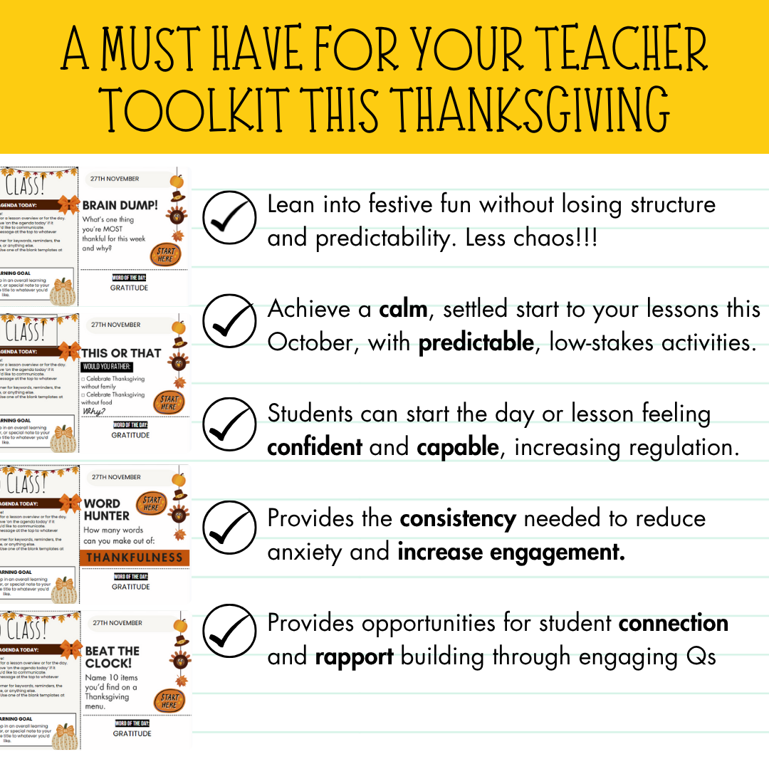 47 Thanksgiving Agenda Slides WITH Gratitude Bell Ringers [Grades 5 and up!]
