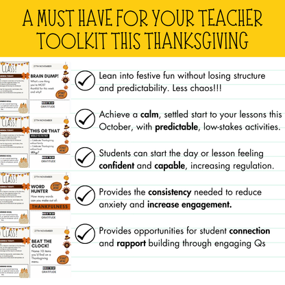47 Thanksgiving Agenda Slides WITH Gratitude Bell Ringers [Grades 5 and up!]
