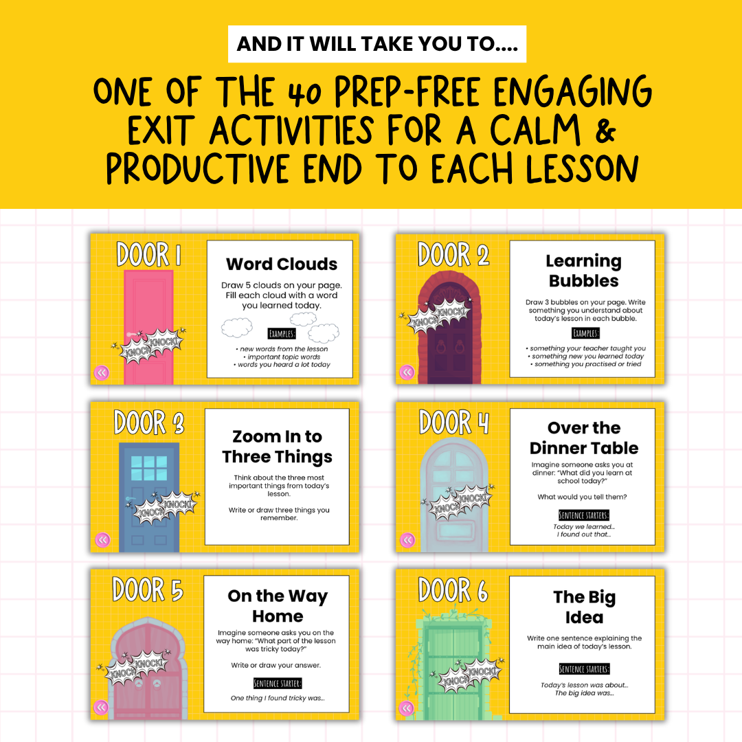 THE EXIT DOORS! 40 Exit Task / Ticket Activity Routine Slides | Grades 2-5