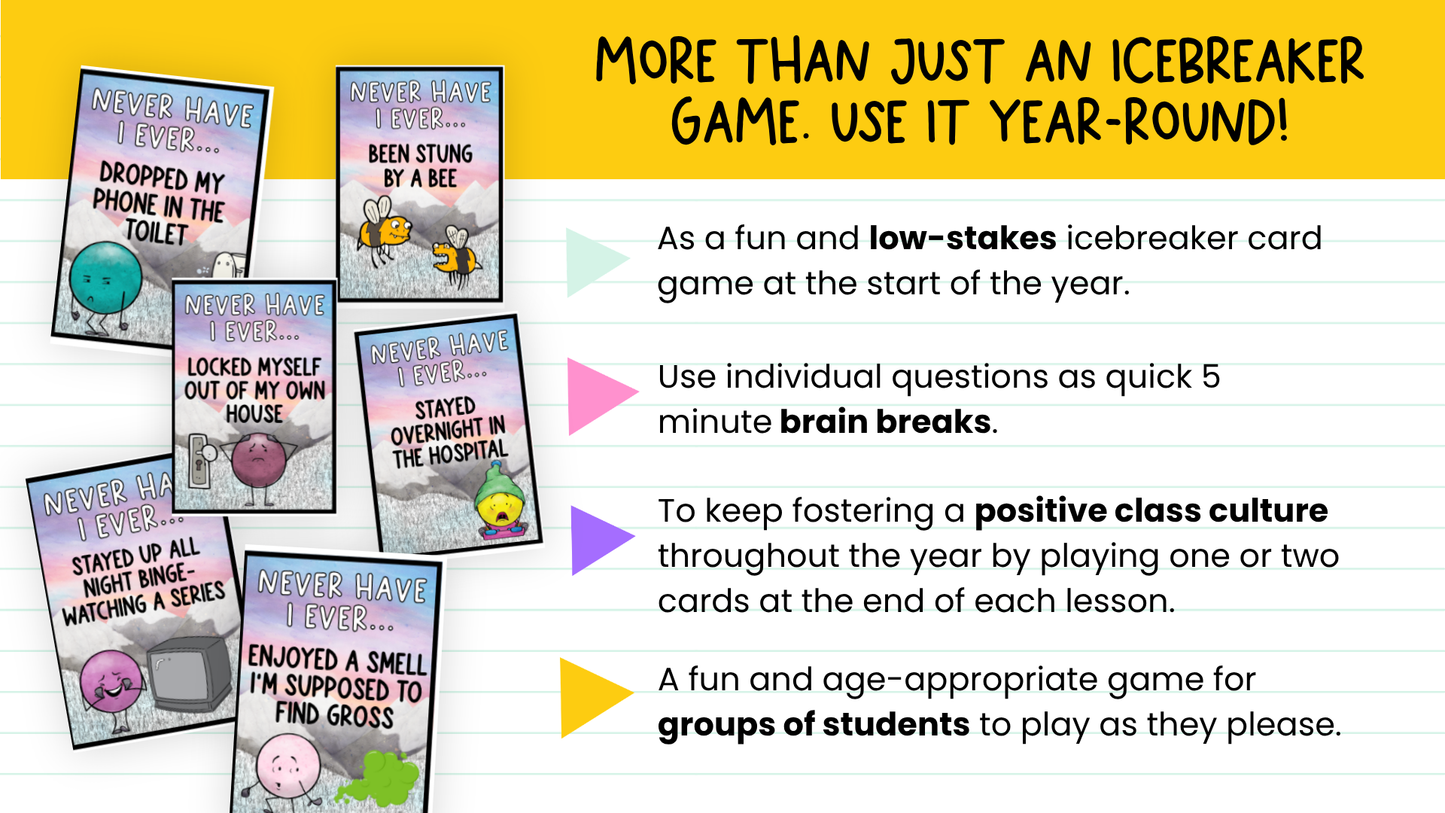 Never Have I Ever Card Game: Back to School Icebreaker Activity and Brain Breaks
