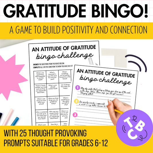 Gratitude Bingo Game | Activities & Journal Prompts for Middle & High School