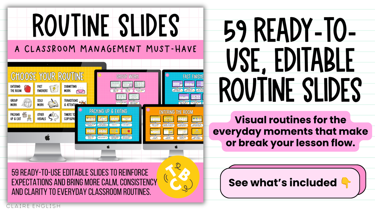 59 Editable Classroom Routine / Transition Slides | Entry, Pack-Up, Exit + MORE