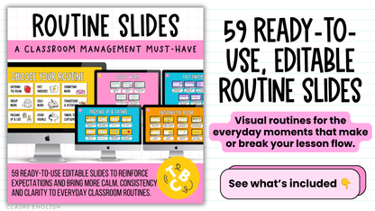 59 Editable Classroom Routine / Transition Slides | Entry, Pack-Up, Exit + MORE
