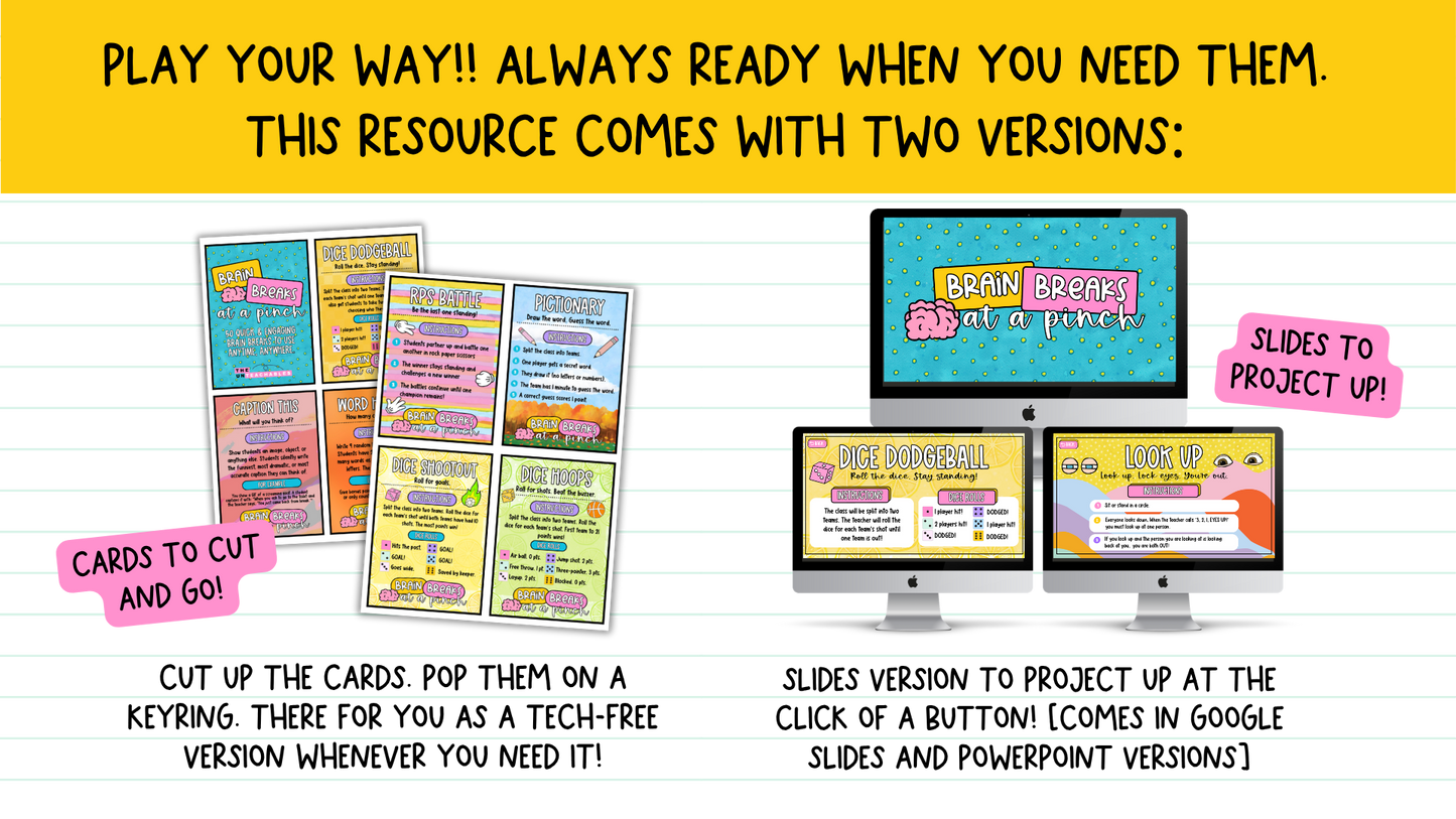 50 Brain Breaks at a Pinch | Engaging Zero-Prep Classroom Games Cards + Slides