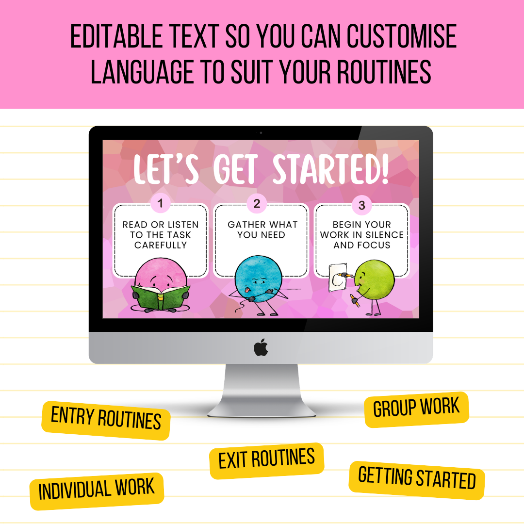 40 Editable Classroom Routine / Transition Slides | Entry, Group Work, Pack-Up, Exit + MORE