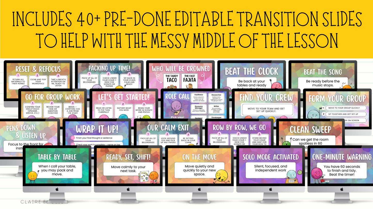 40 Editable Classroom Routine / Transition Slides | Entry, Group Work, Pack-Up, Exit + MORE