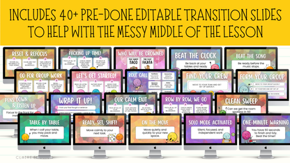 40 Editable Classroom Routine / Transition Slides | Entry, Group Work, Pack-Up, Exit + MORE