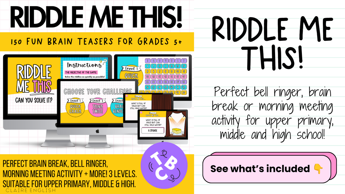 Riddle Me This! 150+ Brain Teasers | Brain Breaks, Bell Ringers | 3 Difficulty Levels!