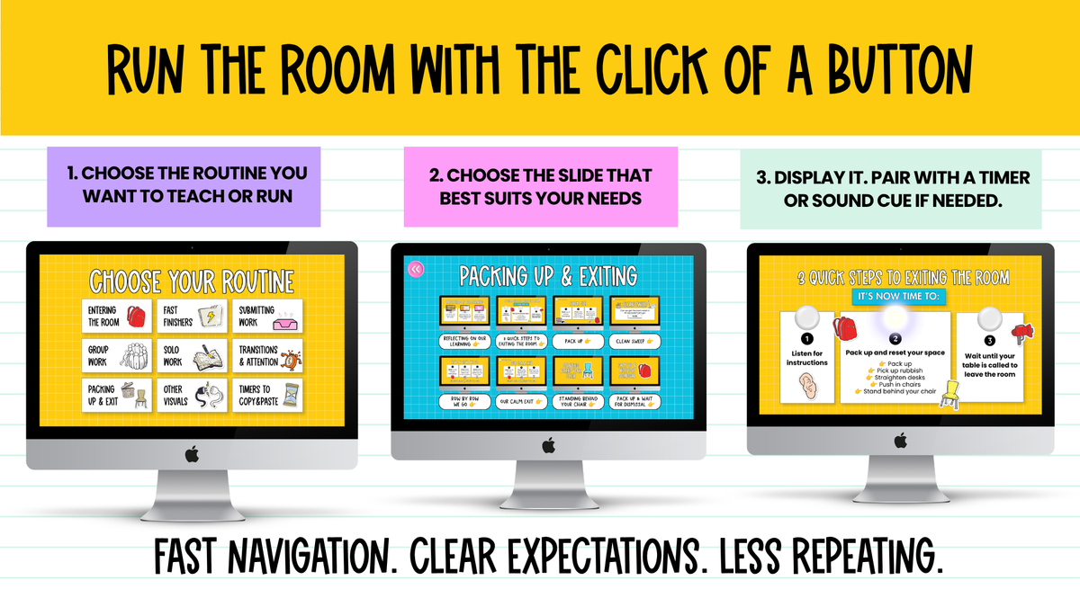 59 Editable Classroom Routine / Transition Slides | Entry, Pack-Up, Exit + MORE