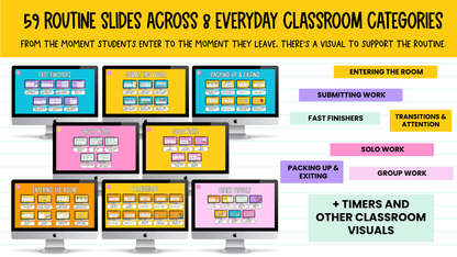 59 Editable Classroom Routine / Transition Slides | Entry, Pack-Up, Exit + MORE