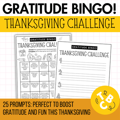 Thanksgiving Gratitude Bingo Challenge for Middle & High School