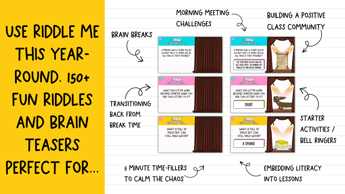 Riddle Me This! 150+ Brain Teasers | Brain Breaks, Bell Ringers | 3 Difficulty Levels!