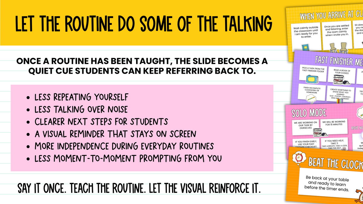 59 Editable Classroom Routine / Transition Slides | Entry, Pack-Up, Exit + MORE