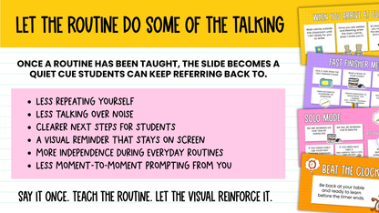 59 Editable Classroom Routine / Transition Slides | Entry, Pack-Up, Exit + MORE