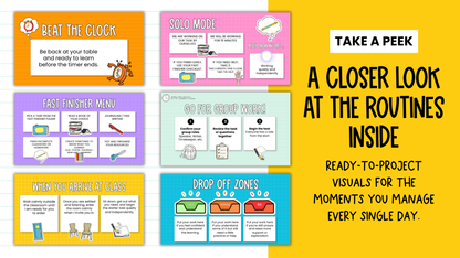 59 Editable Classroom Routine / Transition Slides | Entry, Pack-Up, Exit + MORE
