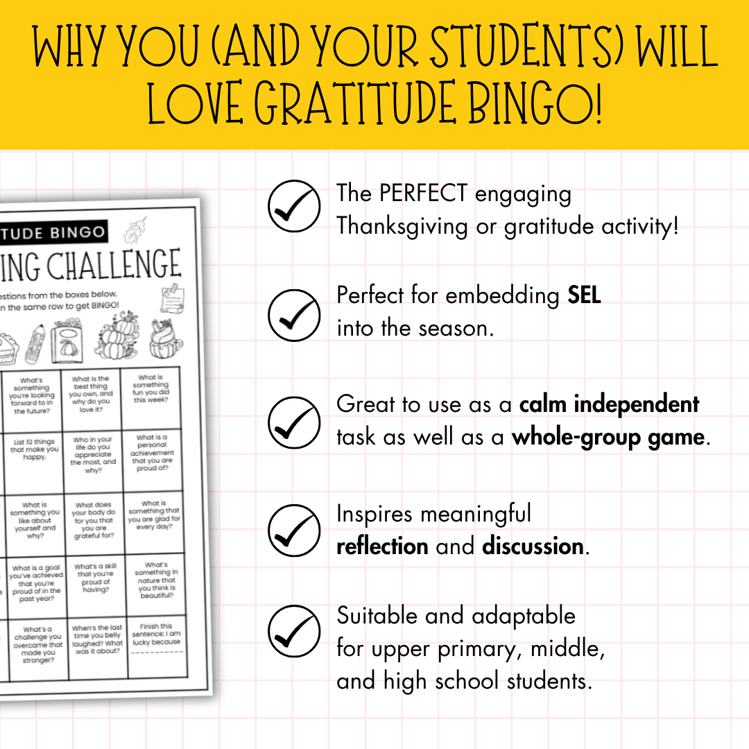Thanksgiving Gratitude Bingo Challenge for Middle & High School