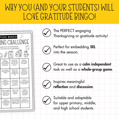 Thanksgiving Gratitude Bingo Challenge for Middle & High School