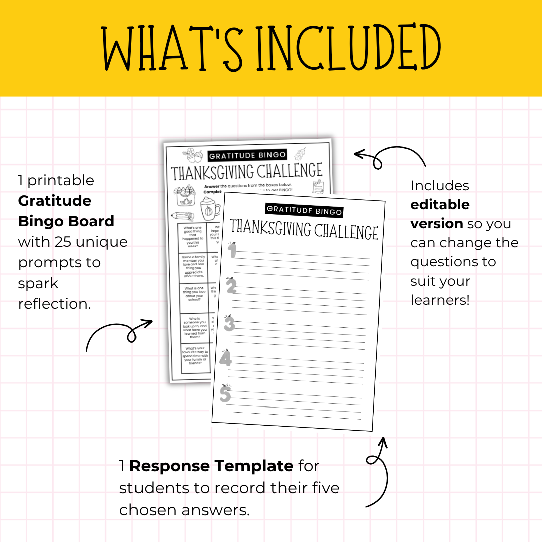 Thanksgiving Gratitude Bingo Challenge for Middle & High School