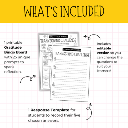 Thanksgiving Gratitude Bingo Challenge for Middle & High School