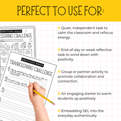 Thanksgiving Gratitude Bingo Challenge for Middle & High School