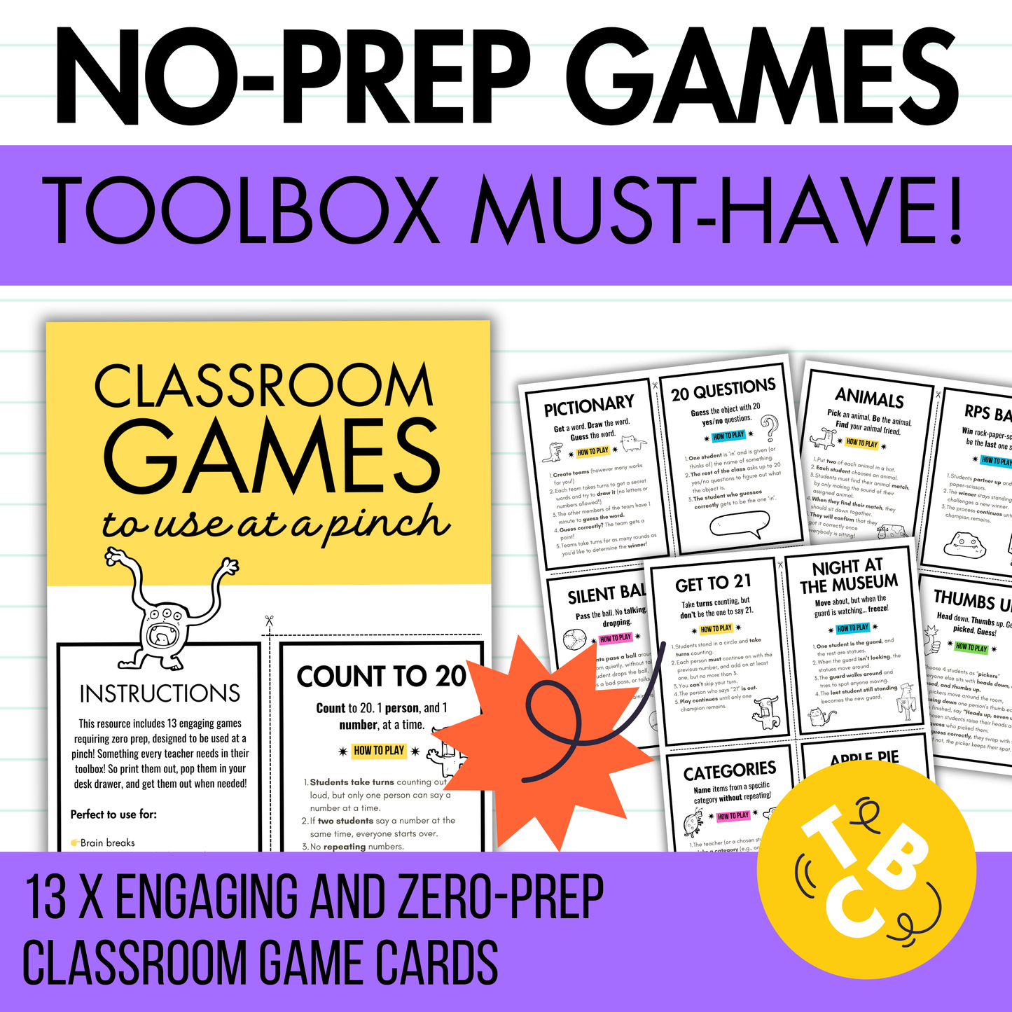 13 Whole-Class Game Cards: No-Prep Engaging Games | Middle & High | Brain Breaks