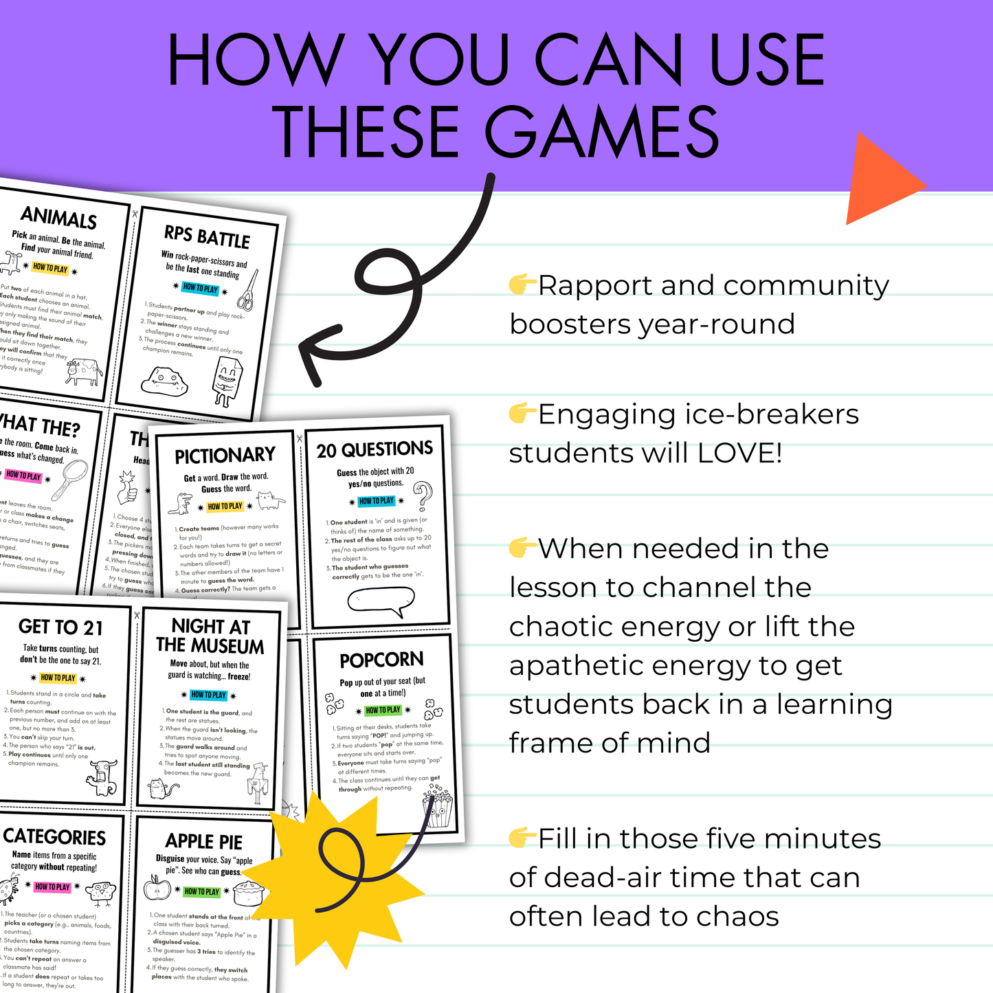 13 Whole-Class Game Cards: No-Prep Engaging Games | Middle & High | Brain Breaks