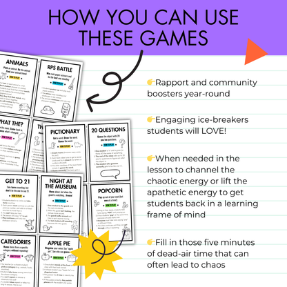 13 Whole-Class Game Cards: No-Prep Engaging Games | Middle & High | Brain Breaks