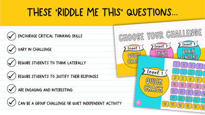 Riddle Me This! 150+ Brain Teasers | Brain Breaks, Bell Ringers | 3 Difficulty Levels!