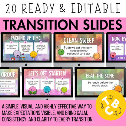 20 Editable Classroom Transition Slides | Visuals for Movement, Pack-Up + MORE