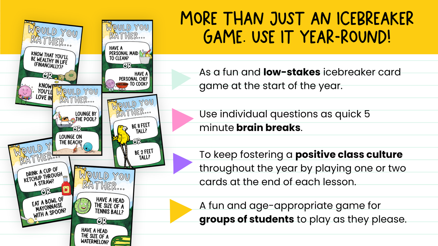 Would You Rather Card Game: Back to School Icebreaker Activity and Brain Breaks