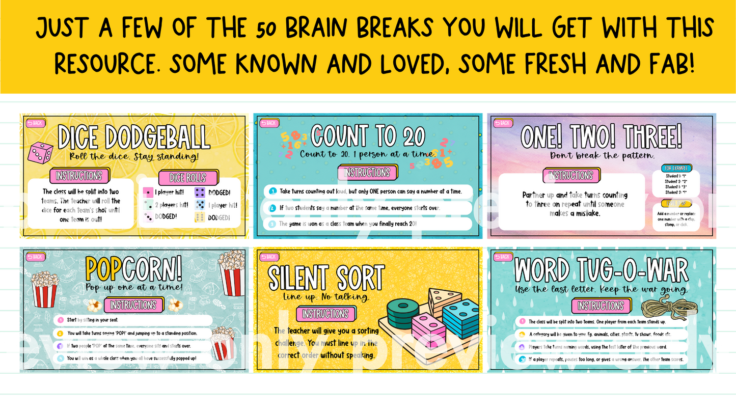 50 Brain Breaks at a Pinch | Engaging Zero-Prep Classroom Games Cards + Slides