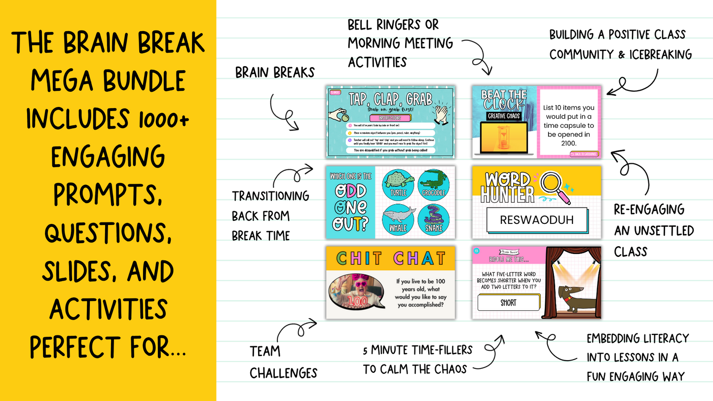 The Brain Break MEGA Bundle | 1000+ Engaging Questions, Activities, Slides and Prompts