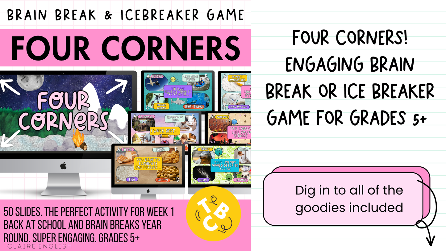 Four Corners Icebreaker & Brain Break Game | Back to School Grade 5+ | 50 SLIDES