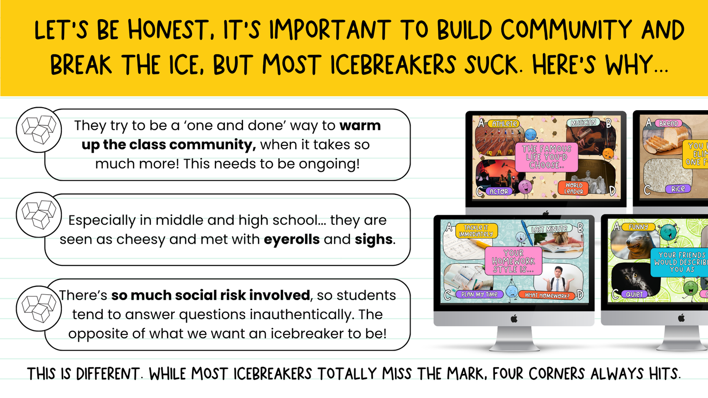 Four Corners Icebreaker & Brain Break Game | Back to School Grade 5+ | 50 SLIDES