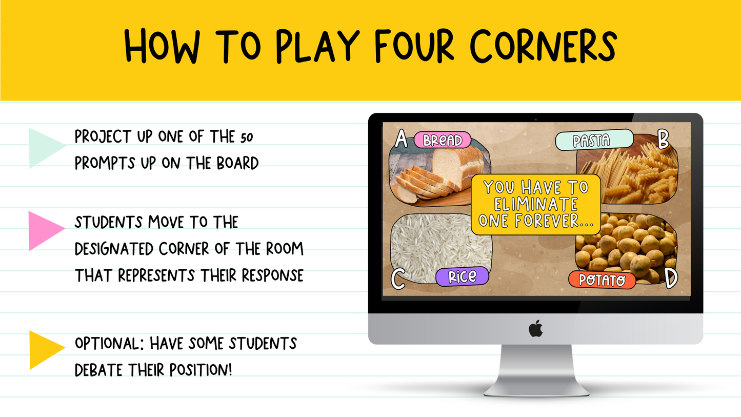 Four Corners Icebreaker & Brain Break Game | Back to School Grade 5+ | 50 SLIDES