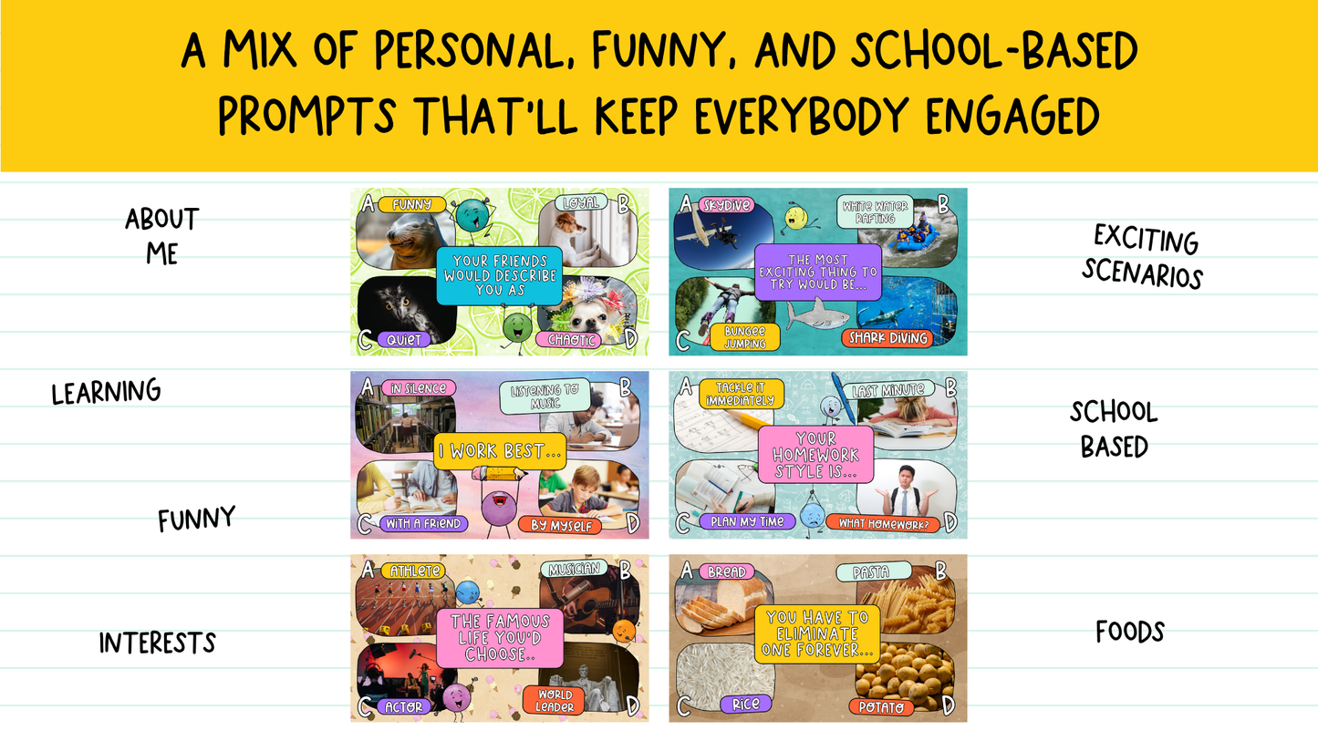 Four Corners Icebreaker & Brain Break Game | Back to School Grade 5+ | 50 SLIDES