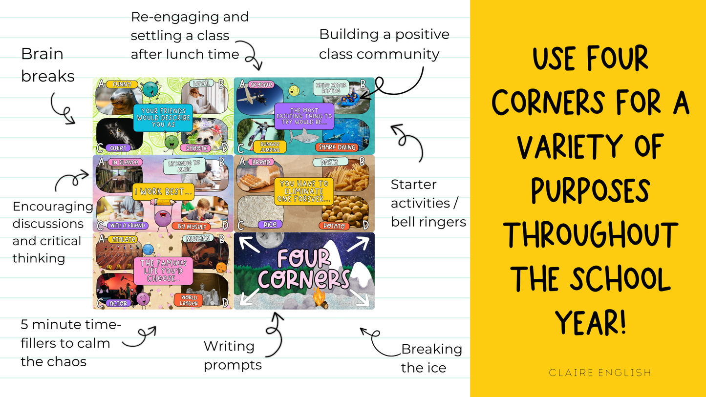 Four Corners Icebreaker & Brain Break Game | Back to School Grade 5+ | 50 SLIDES