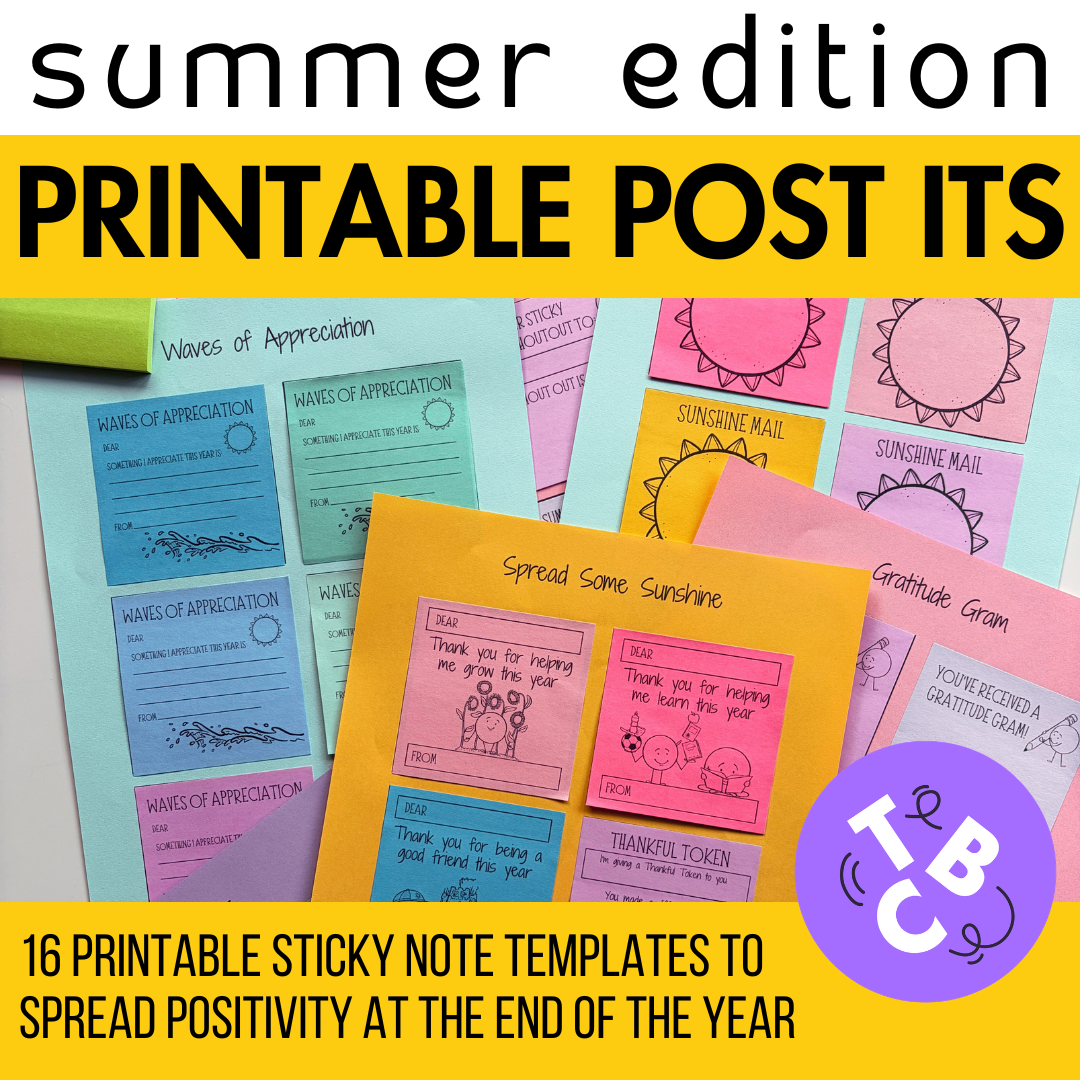 Summer Printable Post-It Note Templates | End of Year Gratitude & Kindness