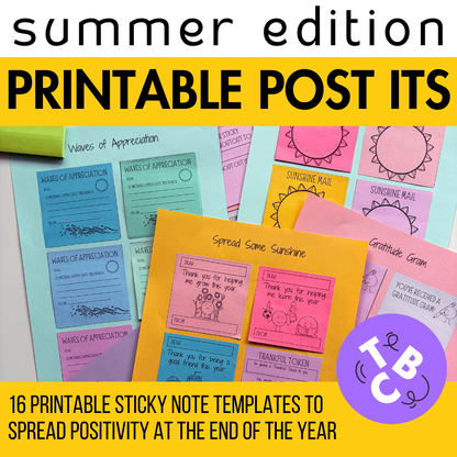 Summer Printable Post-It Note Templates | End of Year Gratitude & Kindness