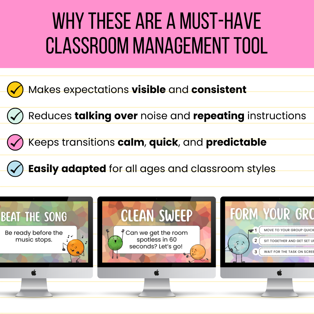 40 Editable Classroom Routine / Transition Slides | Entry, Group Work, Pack-Up, Exit + MORE